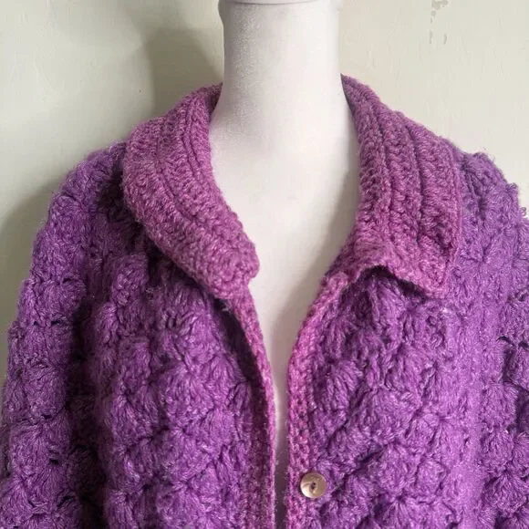Handknit Crochet Purple Cape Poncho Wrap Sweater Chunky Fringe Granny Beige Boho - Picture 7 of 15